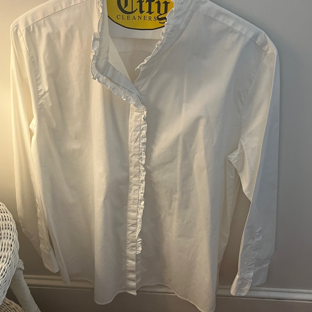 Crown & Ivy XL White Long Sleeve Button Down! Ruffles on collar and on the front